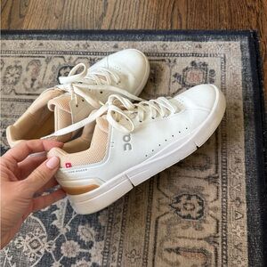 On Running Cream and Tan Tennis Sneakers